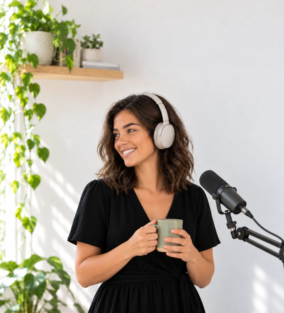 Sofia Martinez in headphones holding a mug, smiling beside a microphone
