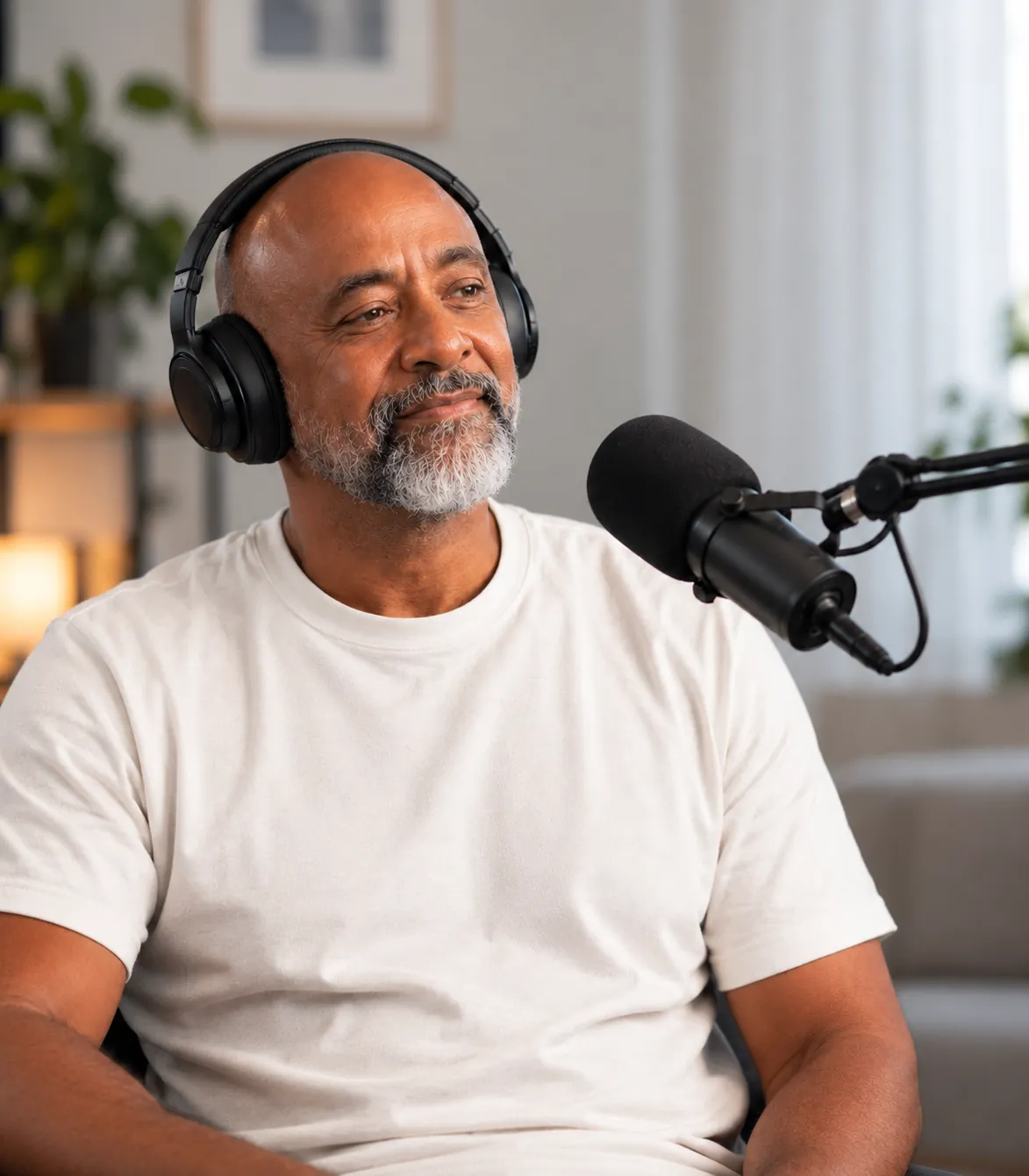 Marcus Williams in headphones, listening at a microphone in a warm home studio
