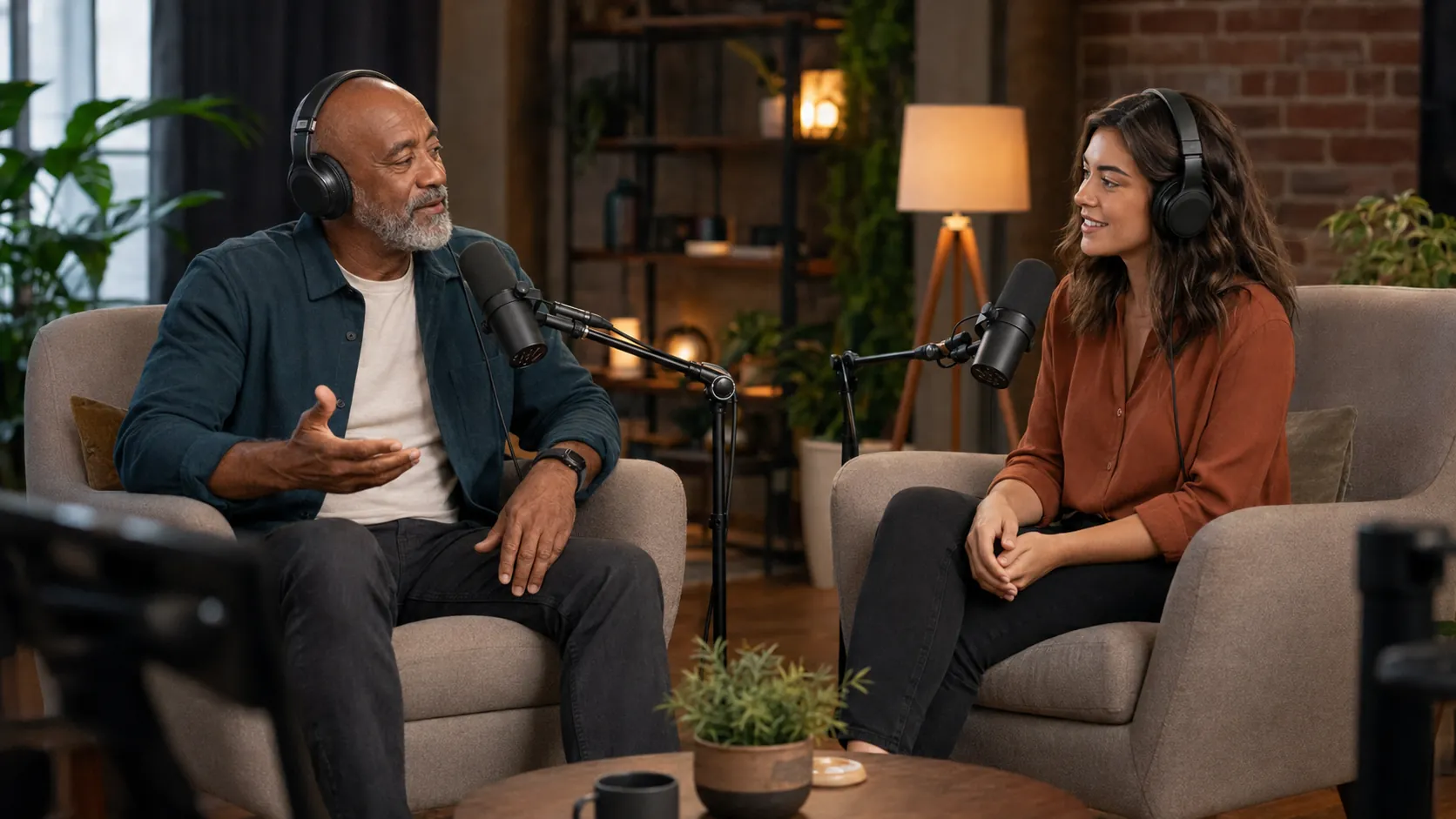 Marcus Williams and Sofia Martinez in conversation, each at a microphone, in a warmly lit studio