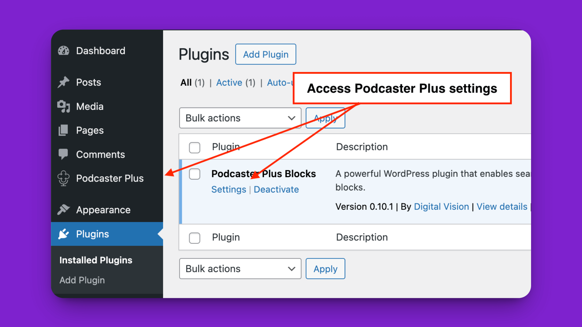 Opening the PodcasterPlus settings page