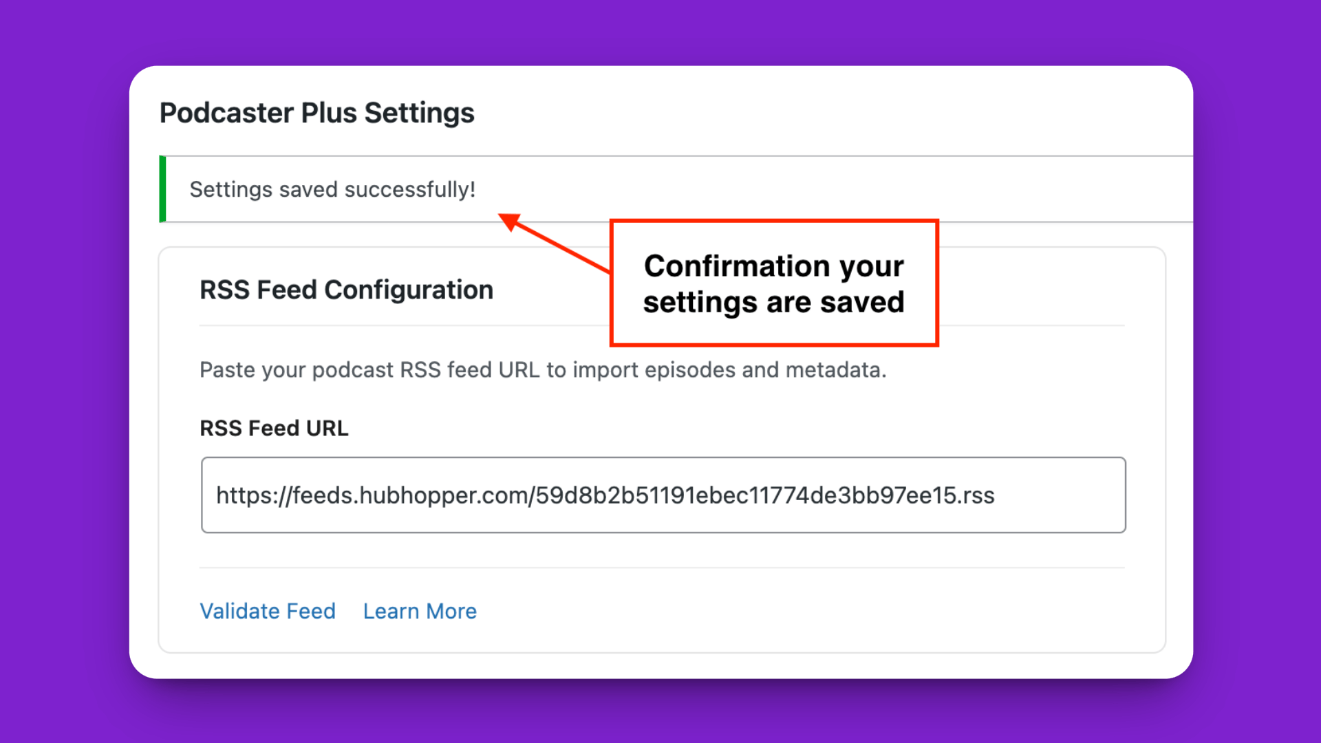 The settings saved confirmation