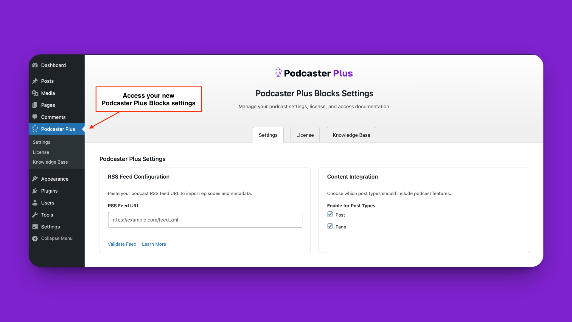 The PodcasterPlus menu item in the WordPress admin
