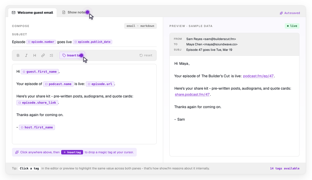 show.fm magic tags in action. Tags on the left become useful text on the right.